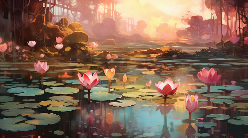 唯美夕阳下荷塘粉色插画背景,插画/手绘图,插画/手绘图库,插画/手绘图下载,插画/手绘